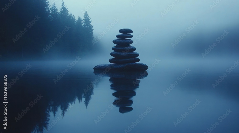 Obraz premium Misty lake scene with balanced stones