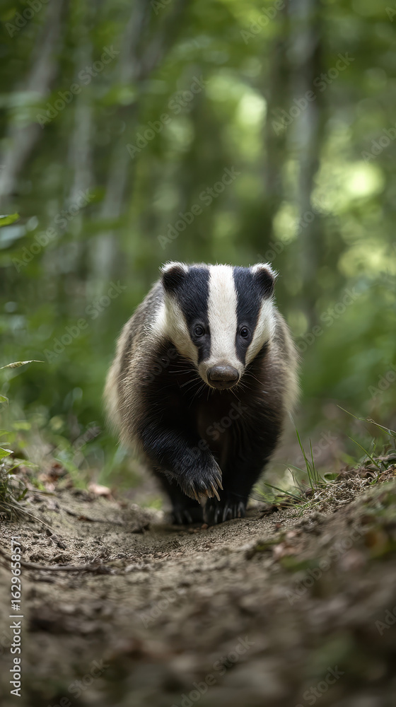 Obraz premium Badger Running Through Woods Soft Light Sharp
