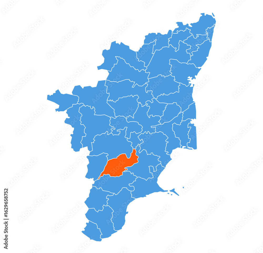 Naklejka premium Madurai District Highlighted on Tamil Nadu State Map, India