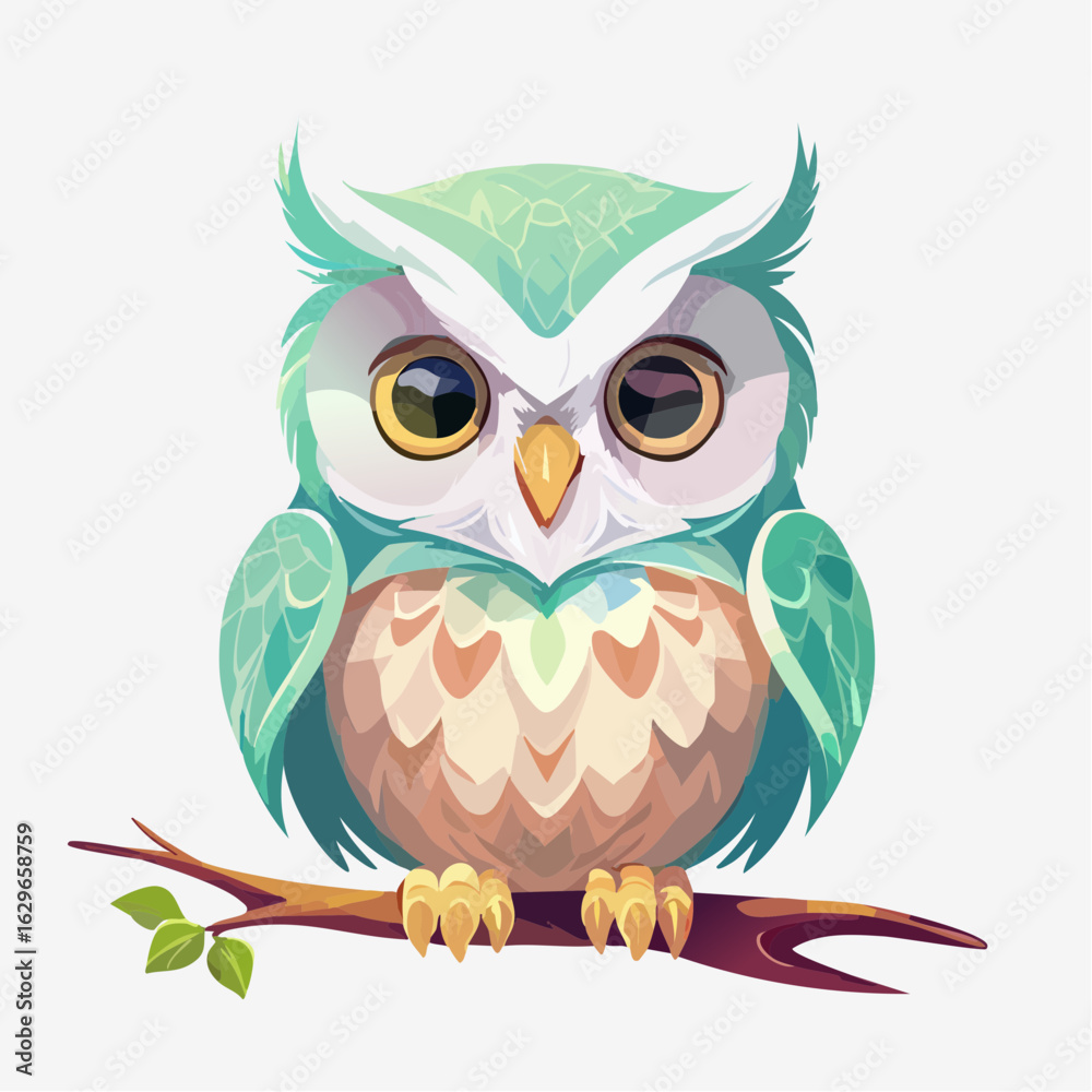 Fototapeta premium A charming stylized owl illustration in teal and green, perched on a small tree branch. Cute, wise nocturnal bird character design isolated on white.