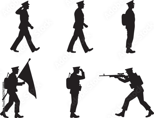 Soldiers in action salute, march, carry flag, and aim rifle
