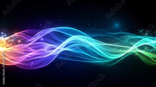 A horizontal wave of multicolored light flows across a dark background, interspersed with sparkling particles.
