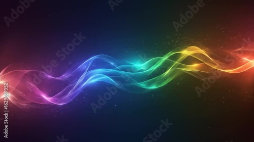 A horizontal wave of rainbow-colored light flows across a dark background.