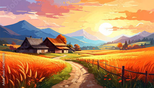 Mountain view and serene farmhouse in autumn. Autumn landscape with golden fields and mountains. Peaceful country road surrounded by harvest crops. Fall evening sunset with rural road and farmhouse