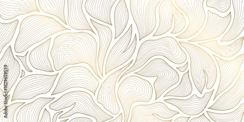 Vector line golden leaves background, floral abstract nature pattern. Elegant summer, palm foliage plant design, graphic tropical beauty ornament.