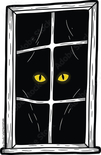 A pair of glowing yellow cat eyes peers out from the darkness behind a paneled window at night in a spooky scene