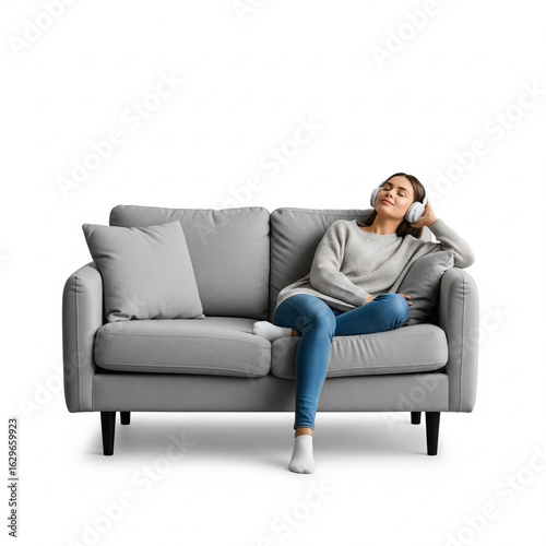  woman relaxing on the couch and listening to music isolated on a white background