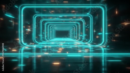 Abstract Neon Tunnel With Teal And Orange Glowing Lights In Futuristic Cyber Space