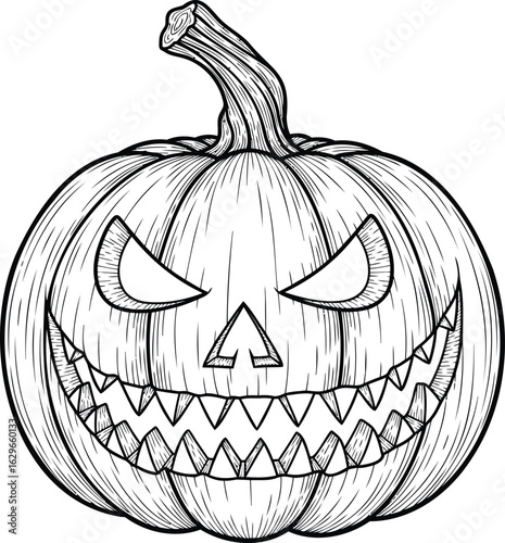 A spooky jackolantern with a menacing grin carved for halloween is ready to greet trick or treaters