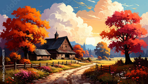 Autumn countryside landscape with trees. Fall scenery with colorful trees and house. Vibrant autumn nature with golden leaves. Beautiful rural fall scene with bright trees. Scenic autumn farm