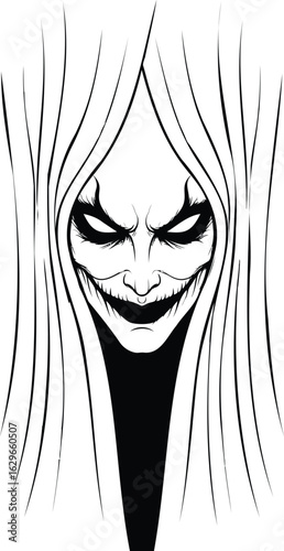 A mysterious woman with dark hair and an evil face stares out from the shadows in this scary illustration