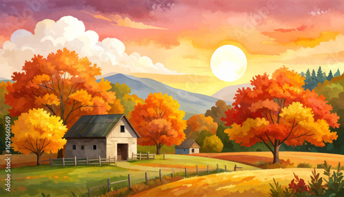 Sunset over autumn trees and cottages. Tranquil fall scene with mountain view. Fall foliage along a winding road. Rural autumn village with vibrant skies. Autumn landscape with golden sunset glow