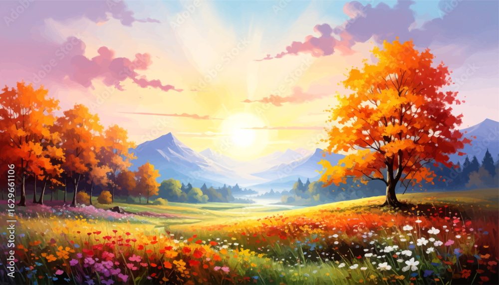 Fototapeta premium Autumn sunset over scenic valley view. Vibrant fall colors with blooming flowers. Fall landscape with glowing orange trees. Beautiful mountain view during autumn. Colorful autumn foliage with sunset