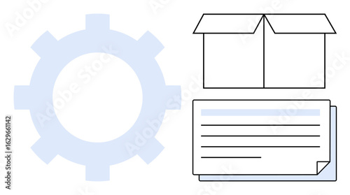 Gear for machinery and systems, box indicating delivery or packaging, and document signifying records or instructions. Ideal for logistics, process management, shipping, automation, workflow