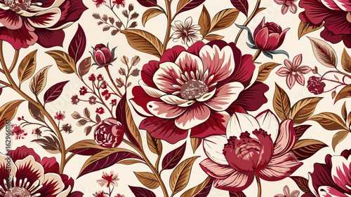 Bloom. Vintage floral seamless pattern. Spring flowers maroon and white. Chinoisere white background 