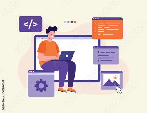 Website setup concept for landing page. Man working as programmer, Writing code using laptop, Website developer, Coding software on computer screen flat illustration vector template