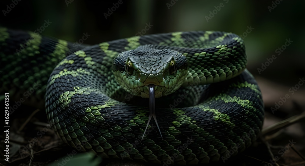 Obraz premium Venomous Viper Snake with Striking Green and Black Scales Ready to Strike in a Lush Forest Environment Detailed Close-Up of a Reptile's Head and Forked Tongue
