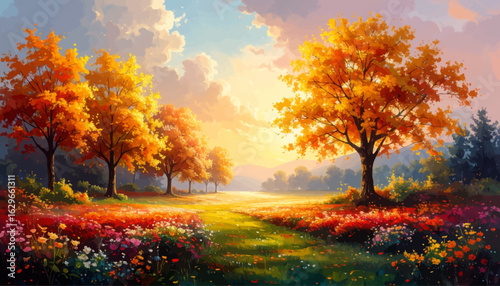 Warm autumn glow with colorful trees. Colorful autumn leaves in a meadow. Beautiful autumn evening with sunset light. Stunning autumn landscape with sunlight. Peaceful forest path in autumn