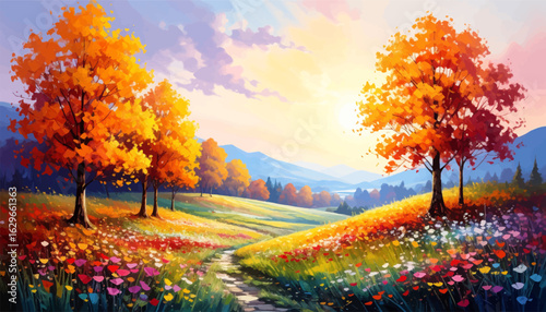 Vibrant fall colors in a forest. Fall foliage in a mountain valley. Scenic autumn forest with flowers. Warm autumn glow in nature. Bright autumn trees along the path