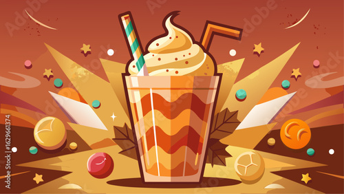 Creamy chai milkshake in a glass with whipped topping, straw, and warm spice tones surrounded by colorful elements