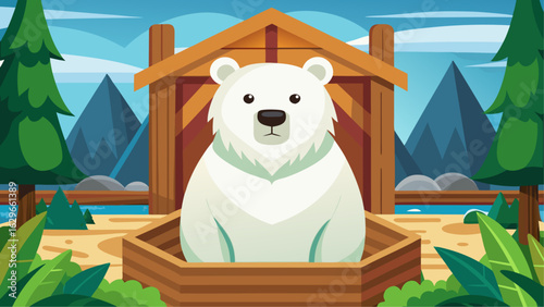 Cartoon polar bear sitting in a wooden shelter surrounded by forest, mountains and river in bright landscape