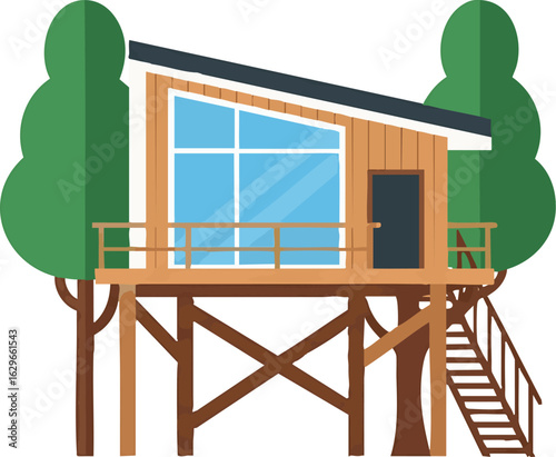 A stylized illustration of a wooden treehouse nestled between two tall green trees, accessible by stairs.