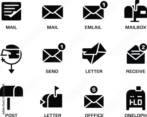 Collection of Mail and Communication Icons in Black Silhouette Style Vector Illustration Set for Web Design and Print Media