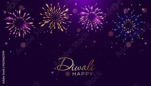 Happy Diwali! Colorful fireworks and gold script on purple. Festive Indian Festival of Lights design. Celebrate with joy! Card, banner, illustration.