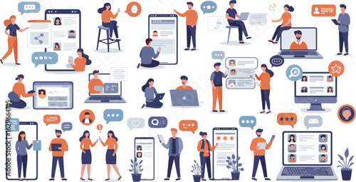 People interacting with digital devices like smartphones, laptops, and computers, communicating through messages and social media platforms.