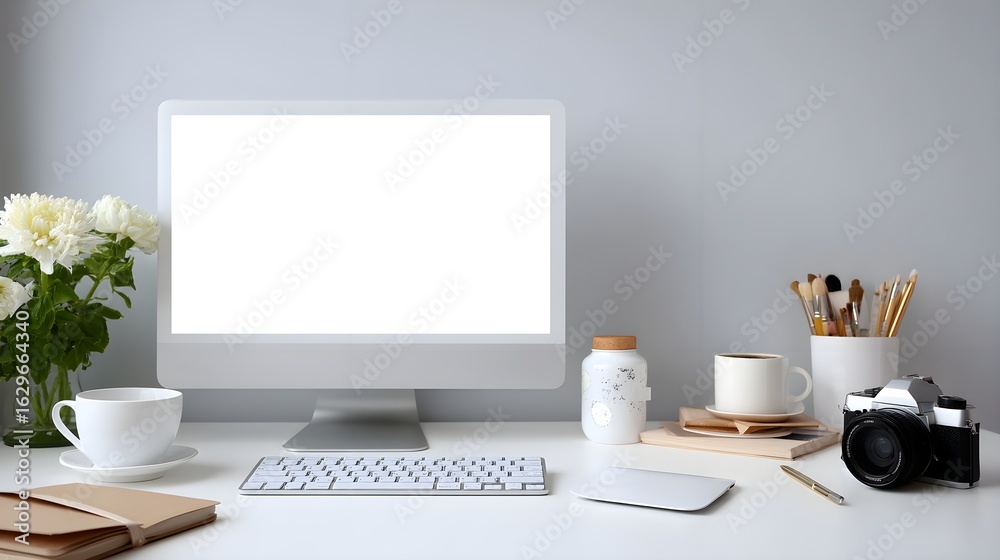 Fototapeta premium Modern Desktop Computer on White Desk
