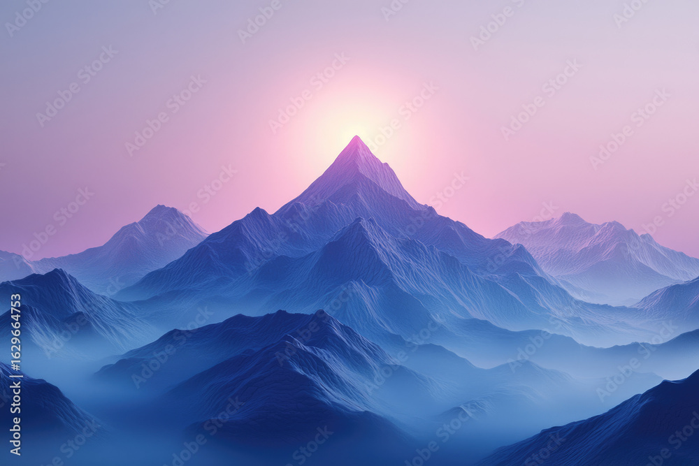 Obraz premium Serene mountain range at sunrise, bathed in soft purple and blue hues, mist shrouding the valleys.