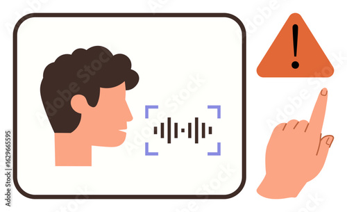 Profile of a person speaking with soundwave signal, exclamation sign, and pointing hand gesture highlighting caution. Ideal for AI, tech, communication, security, user interaction, voice recognition