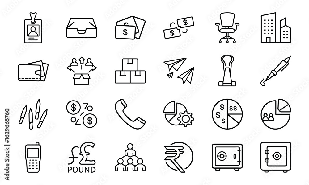 Fototapeta premium Business and Office Icon Bundle – Finance, Currency, Communication, Charts, ID, Pen, Office Tools, Safe, and Company Line Icons for Corporate Design and UI