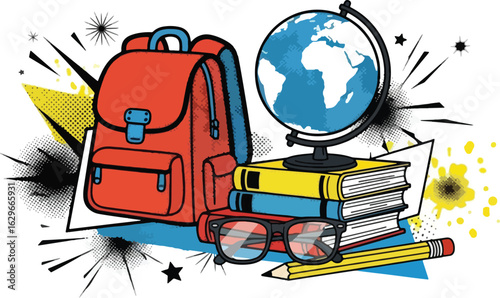 School supplies illustration: A red backpack, books, globe, glasses, and pencil against an abstract background.