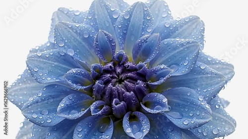 A blue dahlia flower is covered in water droplets closeup centered against a white backdrop