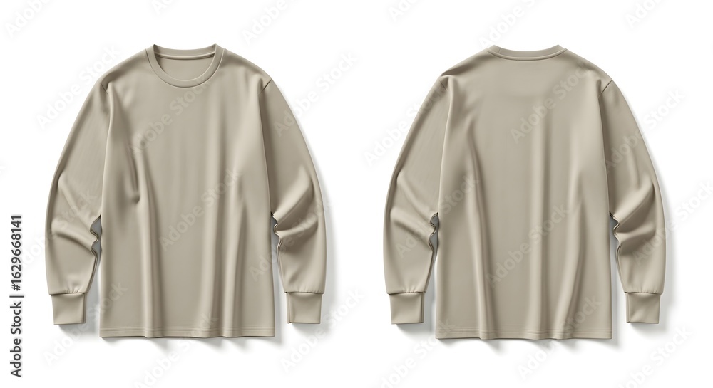 Naklejka premium Front and back view of a beige long-sleeved t-shirt, laid flat on a white surface.