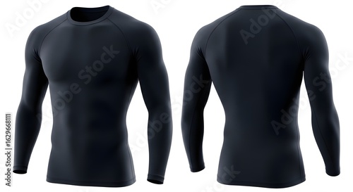 Front and back view of a long-sleeved, black compression shirt, ideal for athletic wear or base layers.