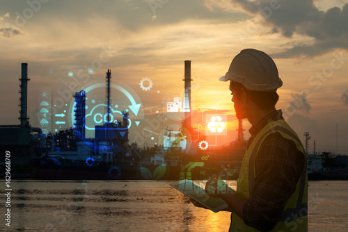 Engineer with safety gear using a tablet to monitor refinery operations enhanced with digital data graphics at sunset. Concept of smart industry and environmental technology.