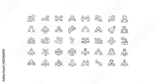 Collection of simple line art illustrations depicting various business team structures and interactions.