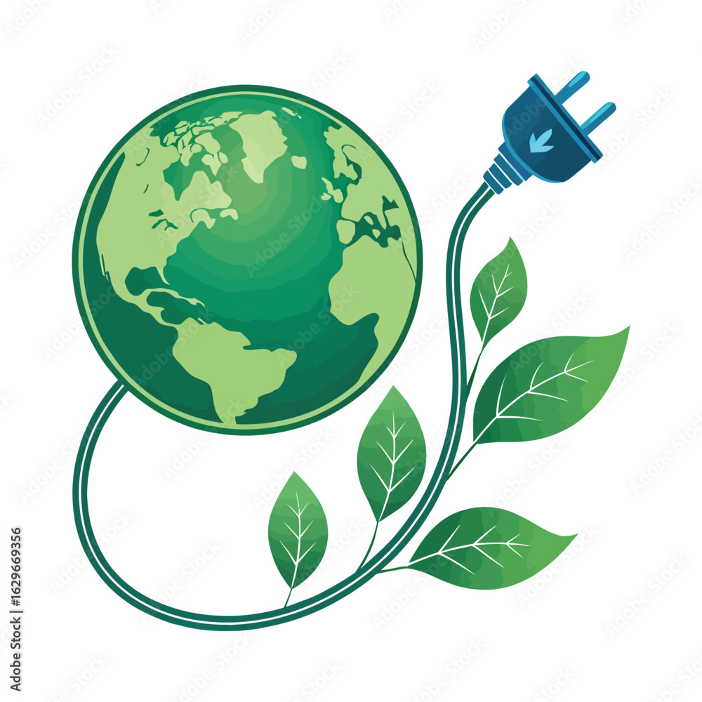Green planet earth connected to blue electric plug with leaves Green planet earth connected to blue electric plug with leaves