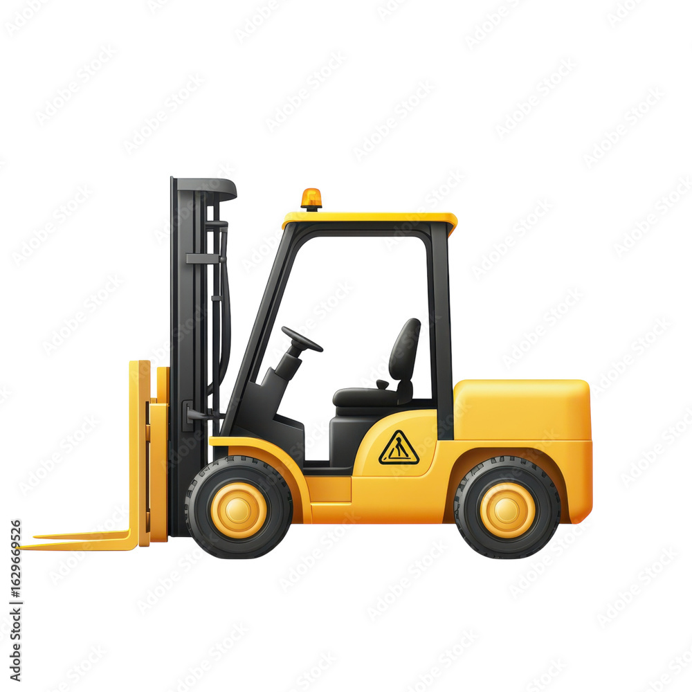 Yellow forklift truck with hazard sign, a symbol of industrial power and safety, ideal for logistics and construction projects on transparent background Yellow forklift truck with hazard sign, a symbol of industrial power and safety, ideal for logistics and construction projects on transparent background