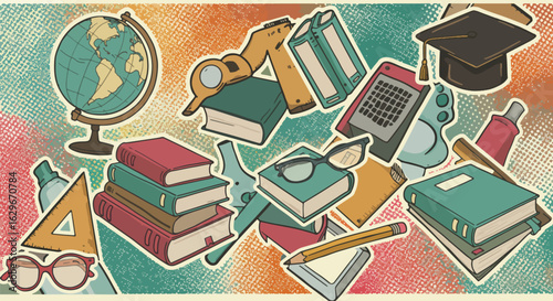 Illustration of school supplies including books, globe, microscope, pencil, and graduation cap on a textured background.