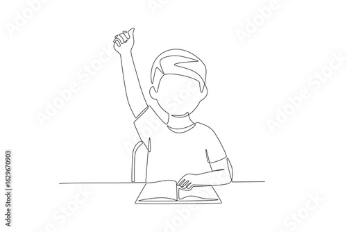 The male student who raised his hand. Student participating in discussions concept one-line drawing