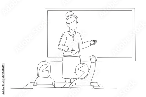 Students who raise their hands. Student participating in discussions concept one-line drawing