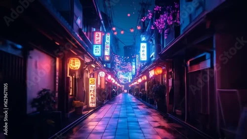A narrow, neon-lit street at night, lined with buildings and hanging lanterns, stretches into the distance.