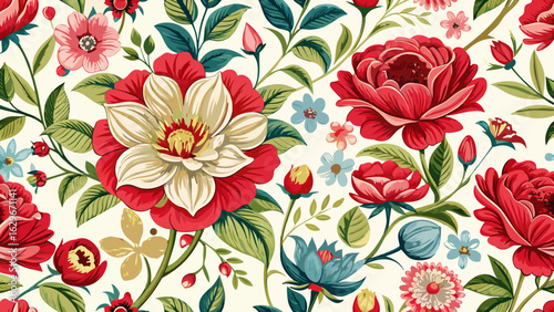 Bloom. Vintage floral seamless pattern. Spring flowers maroon and white. Chinoisere white background 