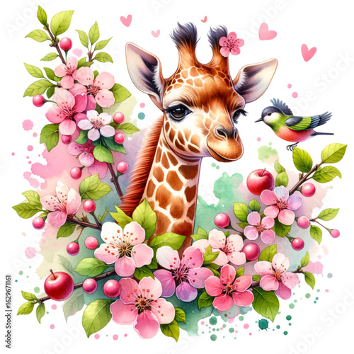 Giraffe Surrounded by Flowers: A charming giraffe, adorned with a floral crown, is nestled amidst a vibrant array of blossoming flowers and playful details.