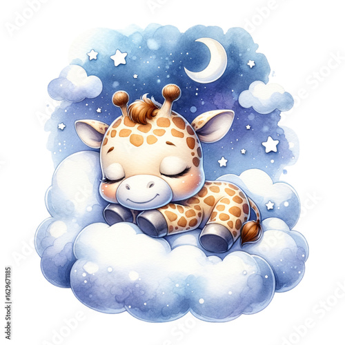 Sleepy Giraffe Dream: An adorable giraffe cub peacefully sleeps amidst fluffy clouds under a whimsical night sky, embodying tranquility and sweet dreams.