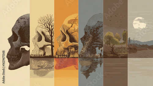 Transforming skull silhouettes depict human evolution from Australopithecus to Homo sapiens against shifting food source landscapes, showcasing foraging, hunting