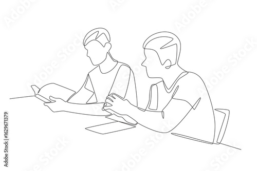 Students discussing. Student participating in discussions concept one-line drawing
